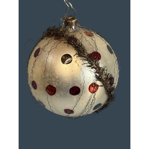 Vintage Germany Wire Wrapped Frosted White Glass Confetti Dot Ornament 2 1/2" - Picture 4 of 9